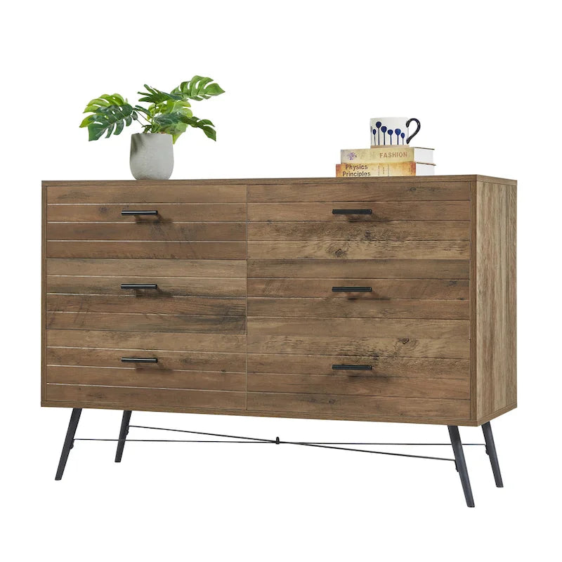 Meuble TV commode de style rustique 47,24 po avec 6 tiroirs de rangement profonds pour salon