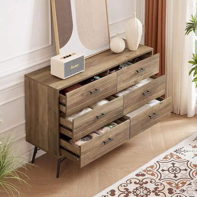 Meuble TV commode de style rustique 47,24 po avec 6 tiroirs de rangement profonds pour salon