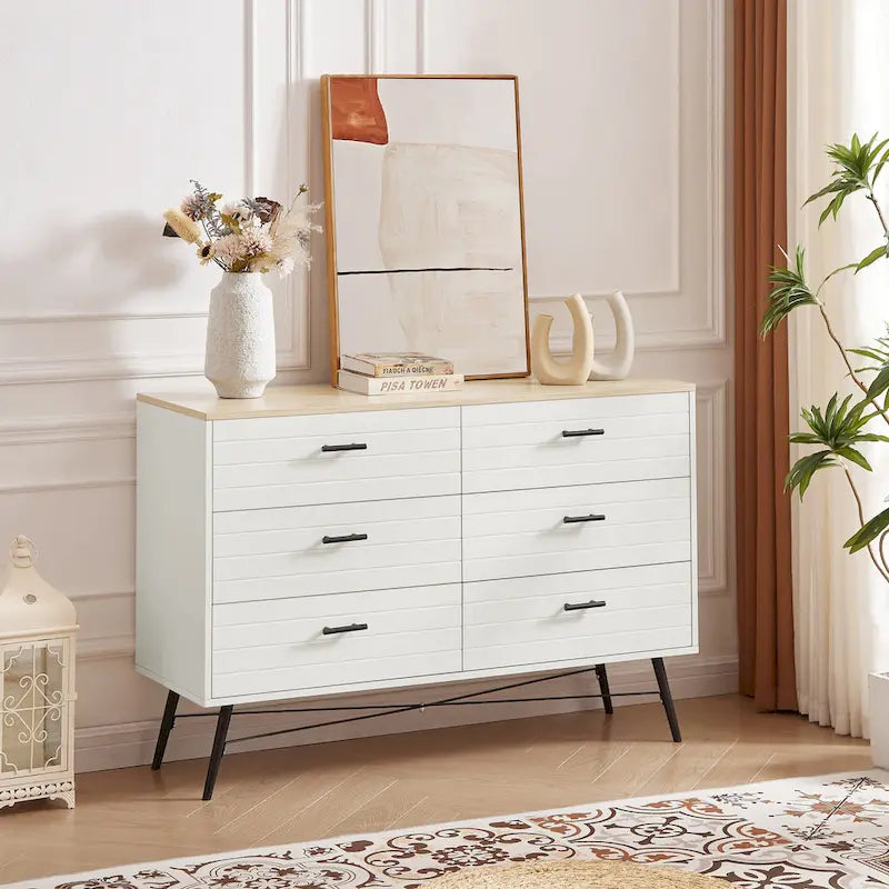 Meuble TV commode de style rustique 47,24 po avec 6 tiroirs de rangement profonds pour salon