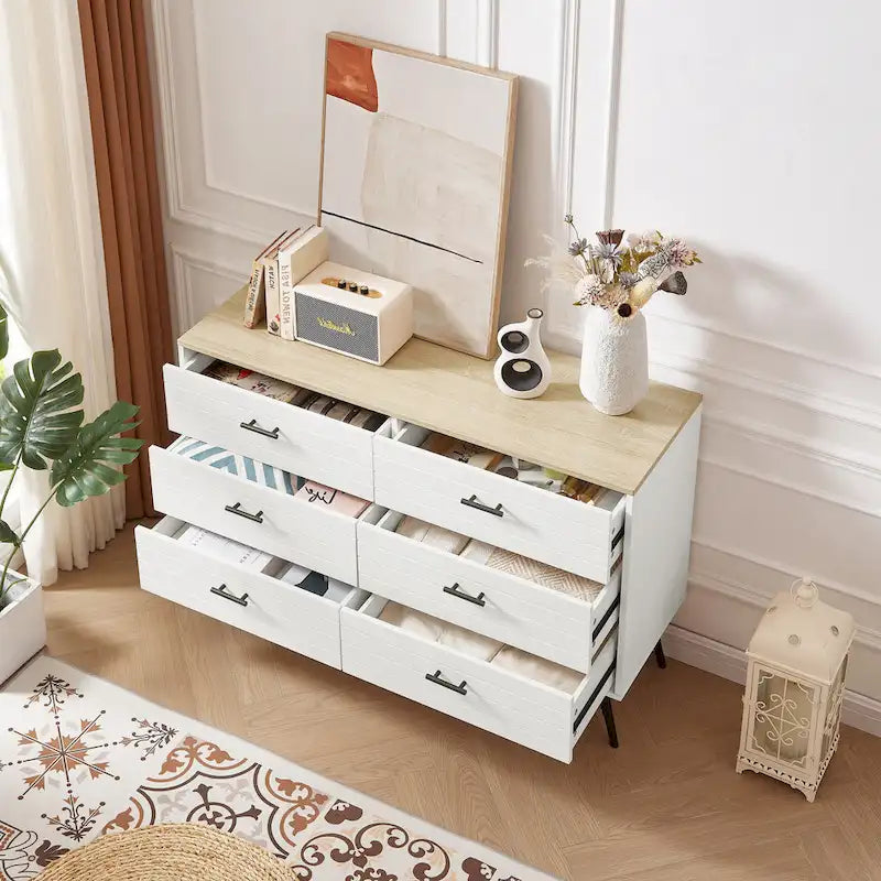 Meuble TV commode de style rustique 47,24 po avec 6 tiroirs de rangement profonds pour salon