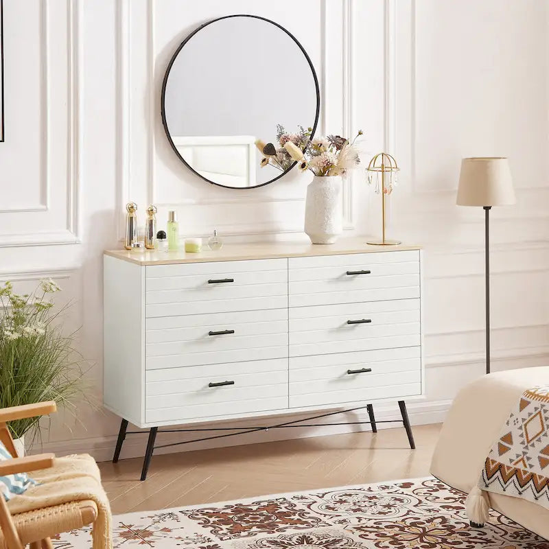 Meuble TV commode de style rustique 47,24 po avec 6 tiroirs de rangement profonds pour salon