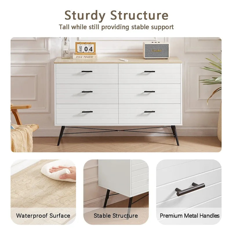 Meuble TV commode de style rustique 47,24 po avec 6 tiroirs de rangement profonds pour salon