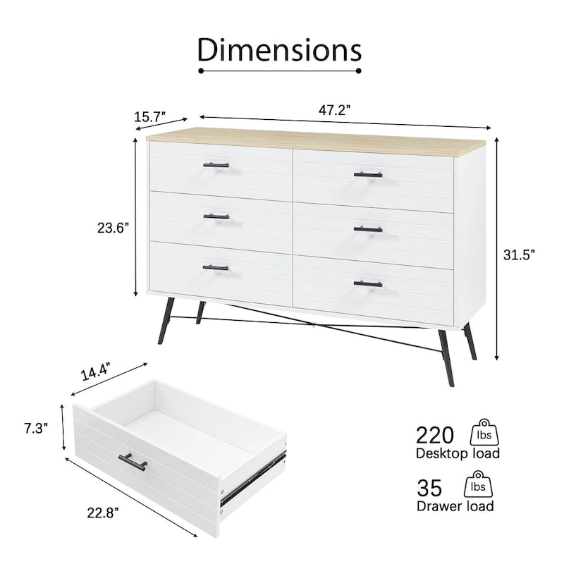 Meuble TV commode de style rustique 47,24 po avec 6 tiroirs de rangement profonds pour salon