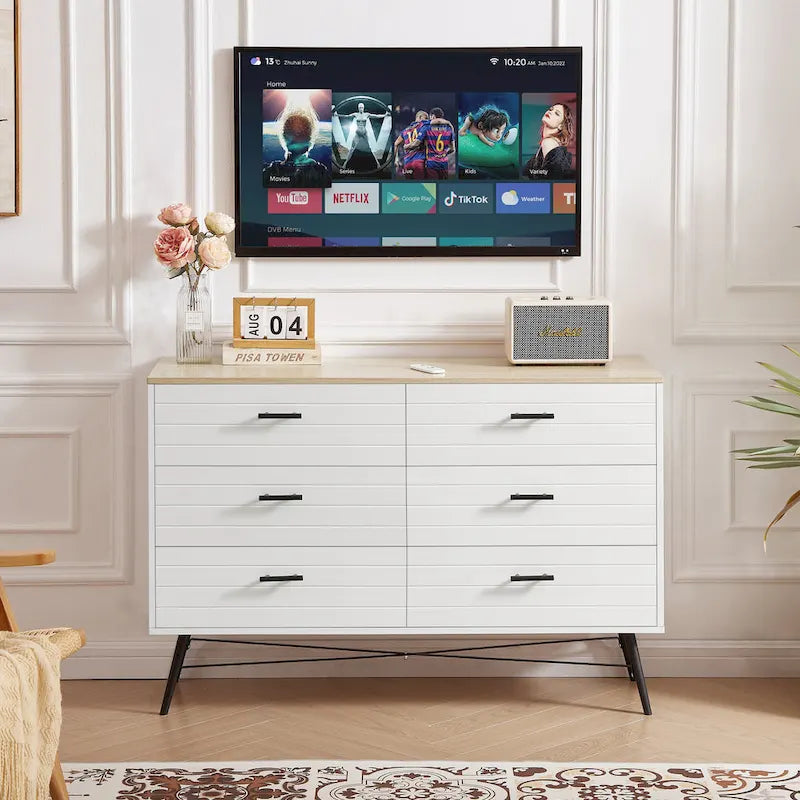 Meuble TV commode de style rustique 47,24 po avec 6 tiroirs de rangement profonds pour salon