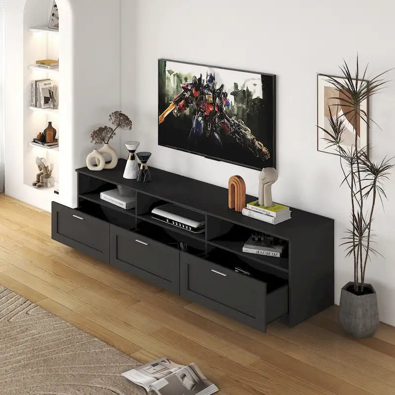 Meuble TV noir de 180 cm avec 3 espaces de rangement ouverts et 3 tiroirs pour salon