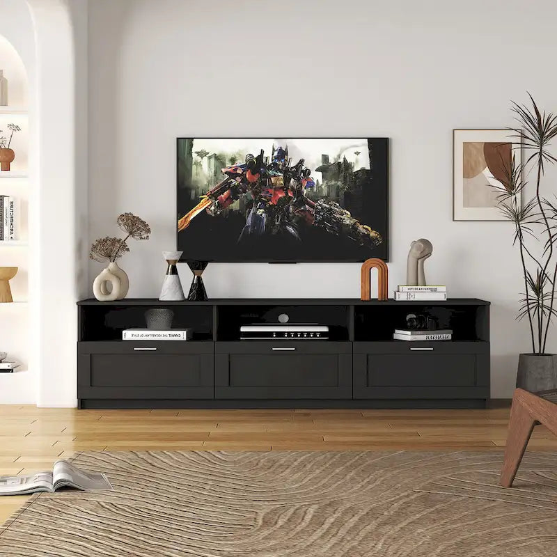 Meuble TV noir de 180 cm avec 3 espaces de rangement ouverts et 3 tiroirs pour salon