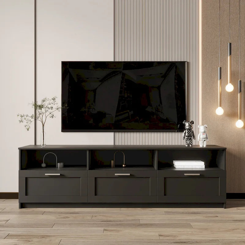 Meuble TV noir de 180 cm avec 3 espaces de rangement ouverts et 3 tiroirs pour salon