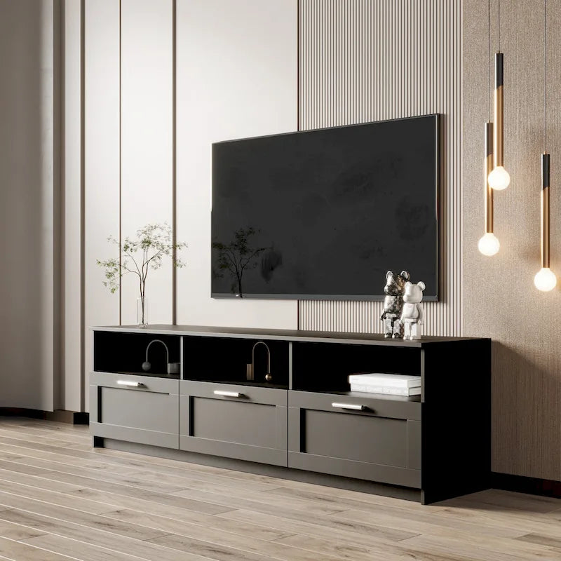 Meuble TV noir de 180 cm avec 3 espaces de rangement ouverts et 3 tiroirs pour salon
