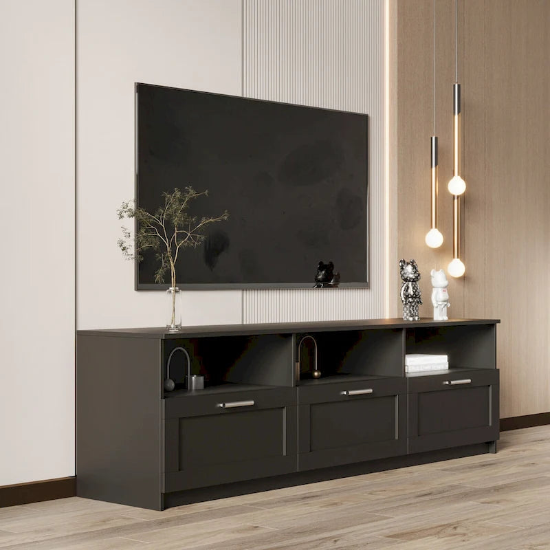 Meuble TV noir de 180 cm avec 3 espaces de rangement ouverts et 3 tiroirs pour salon