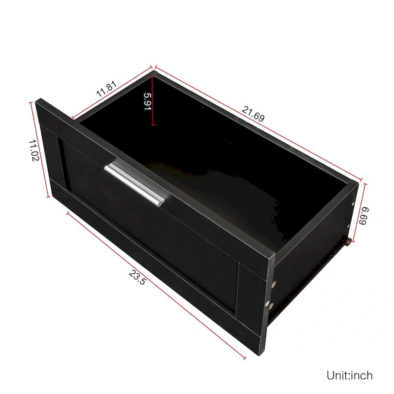 Meuble TV noir de 180 cm avec 3 espaces de rangement ouverts et 3 tiroirs pour salon
