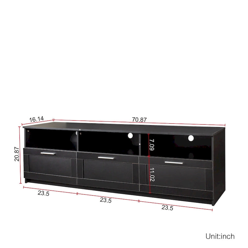 Meuble TV noir de 180 cm avec 3 espaces de rangement ouverts et 3 tiroirs pour salon