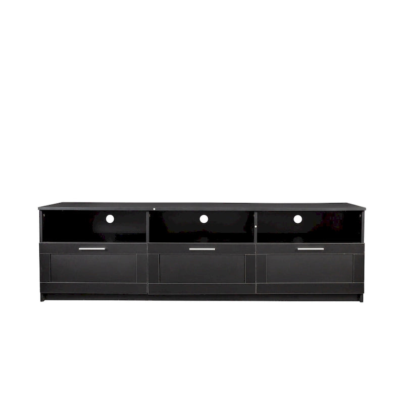 Meuble TV noir de 180 cm avec 3 espaces de rangement ouverts et 3 tiroirs pour salon