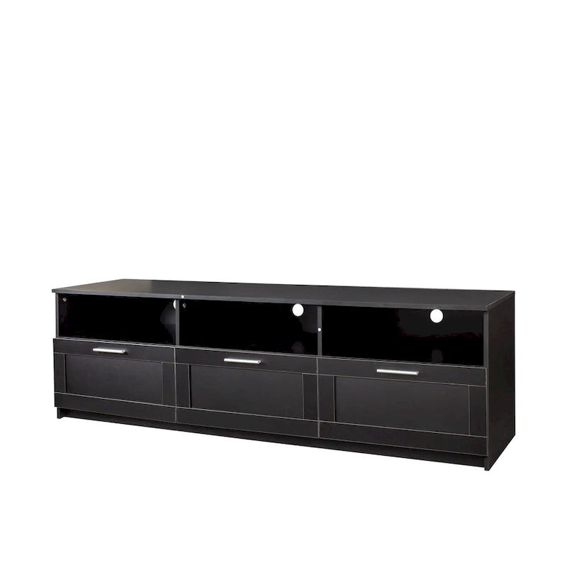 Meuble TV noir de 180 cm avec 3 espaces de rangement ouverts et 3 tiroirs pour salon