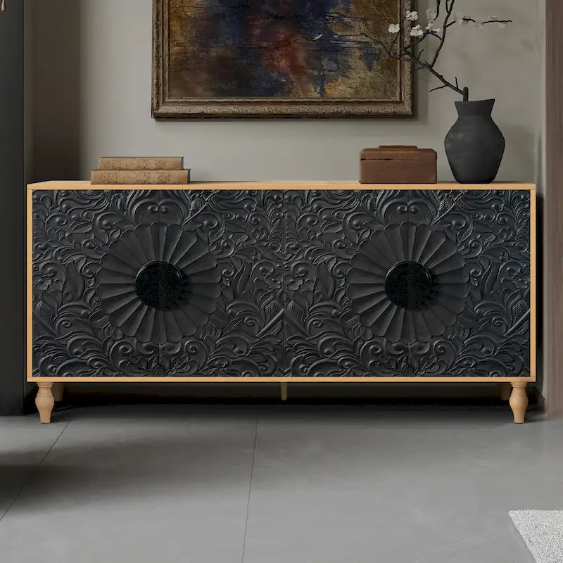 Meuble TV d'appoint 62,99 avec porte à motif sculpté, étagère de rangement et pieds en bois massif pour salon