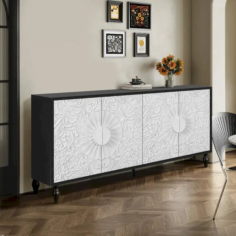 Meuble TV d'appoint 62,99 avec porte à motif sculpté, étagère de rangement et pieds en bois massif pour salon