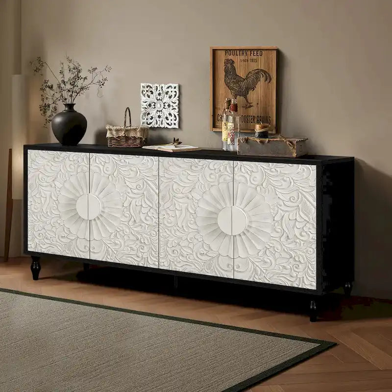 Meuble TV d'appoint 62,99 avec porte à motif sculpté, étagère de rangement et pieds en bois massif pour salon