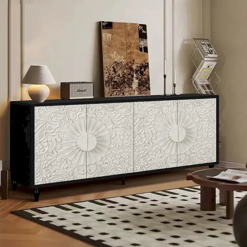 Meuble TV d'appoint 62,99 avec porte à motif sculpté, étagère de rangement et pieds en bois massif pour salon