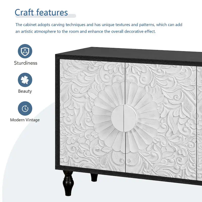 Meuble TV d'appoint 62,99 avec porte à motif sculpté, étagère de rangement et pieds en bois massif pour salon