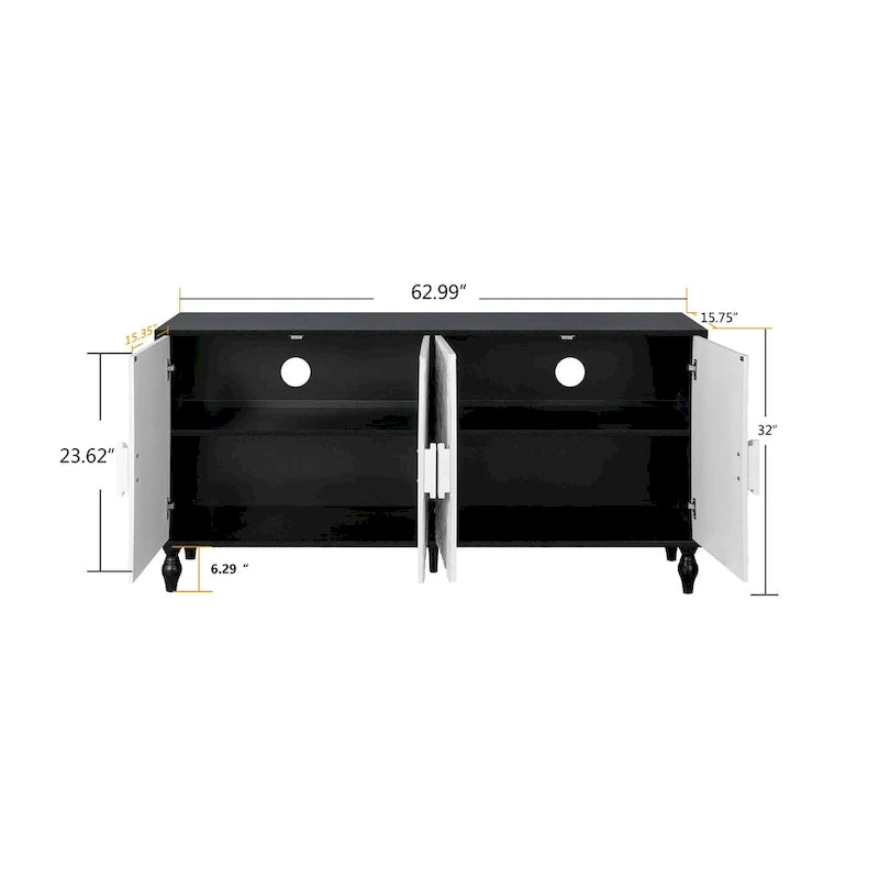Meuble TV d'appoint 62,99 avec porte à motif sculpté, étagère de rangement et pieds en bois massif pour salon