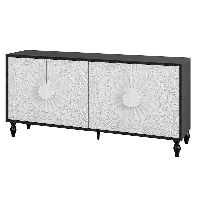 Meuble TV d'appoint 62,99 avec porte à motif sculpté, étagère de rangement et pieds en bois massif pour salon