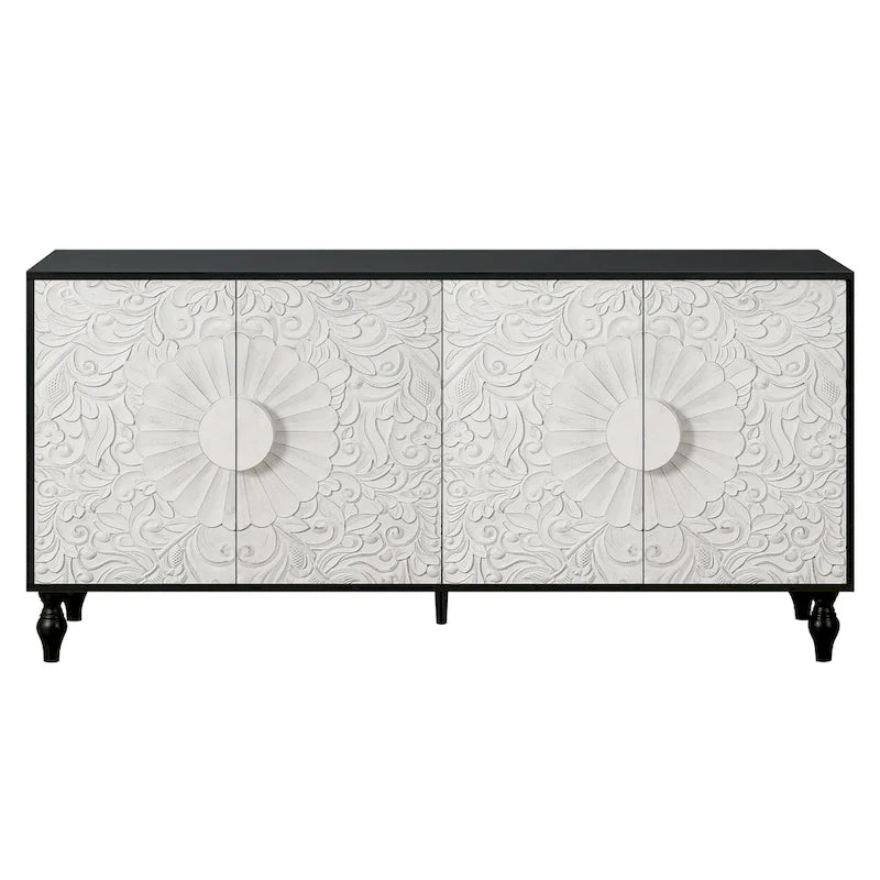 Meuble TV d'appoint 62,99 avec porte à motif sculpté, étagère de rangement et pieds en bois massif pour salon