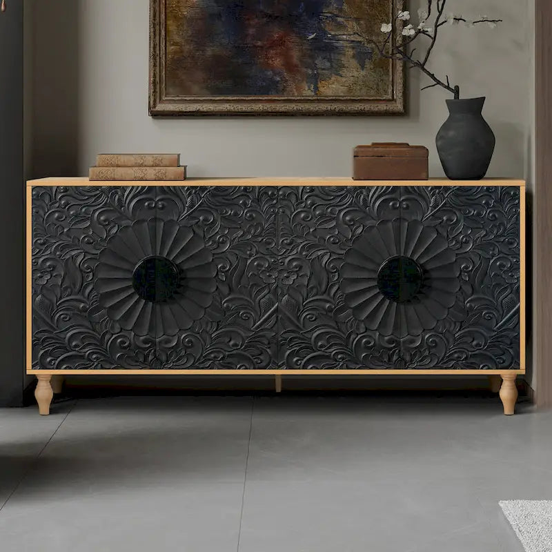 Meuble TV d'appoint 62,99 avec porte à motif sculpté, étagère de rangement et pieds en bois massif pour salon