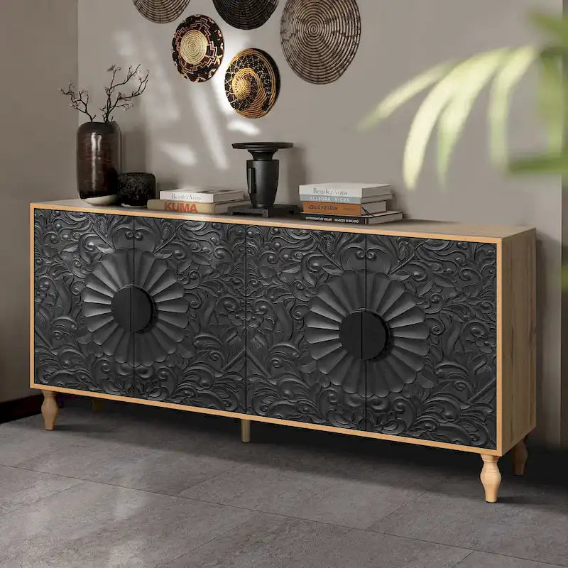 Meuble TV d'appoint 62,99 avec porte à motif sculpté, étagère de rangement et pieds en bois massif pour salon