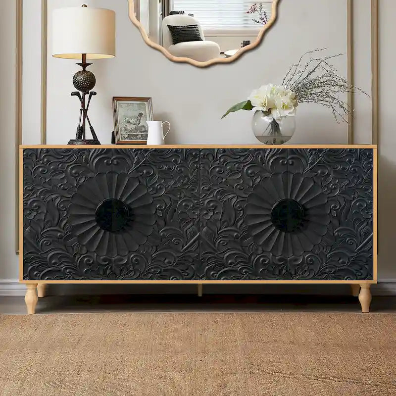 Meuble TV d'appoint 62,99 avec porte à motif sculpté, étagère de rangement et pieds en bois massif pour salon