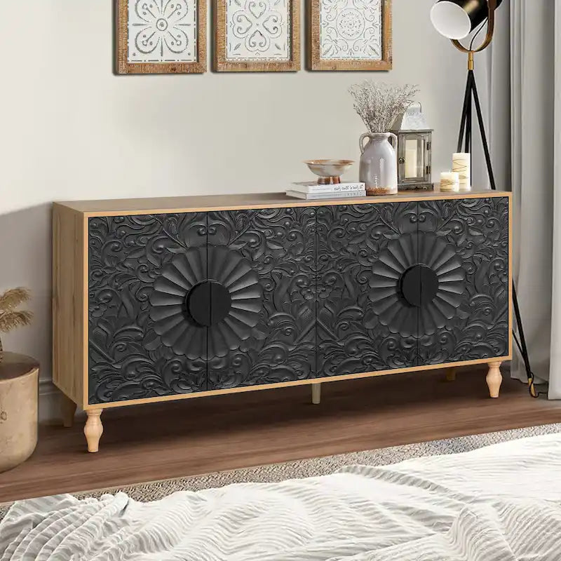 Meuble TV d'appoint 62,99 avec porte à motif sculpté, étagère de rangement et pieds en bois massif pour salon