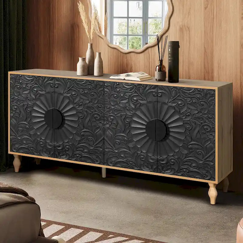 Meuble TV d'appoint 62,99 avec porte à motif sculpté, étagère de rangement et pieds en bois massif pour salon