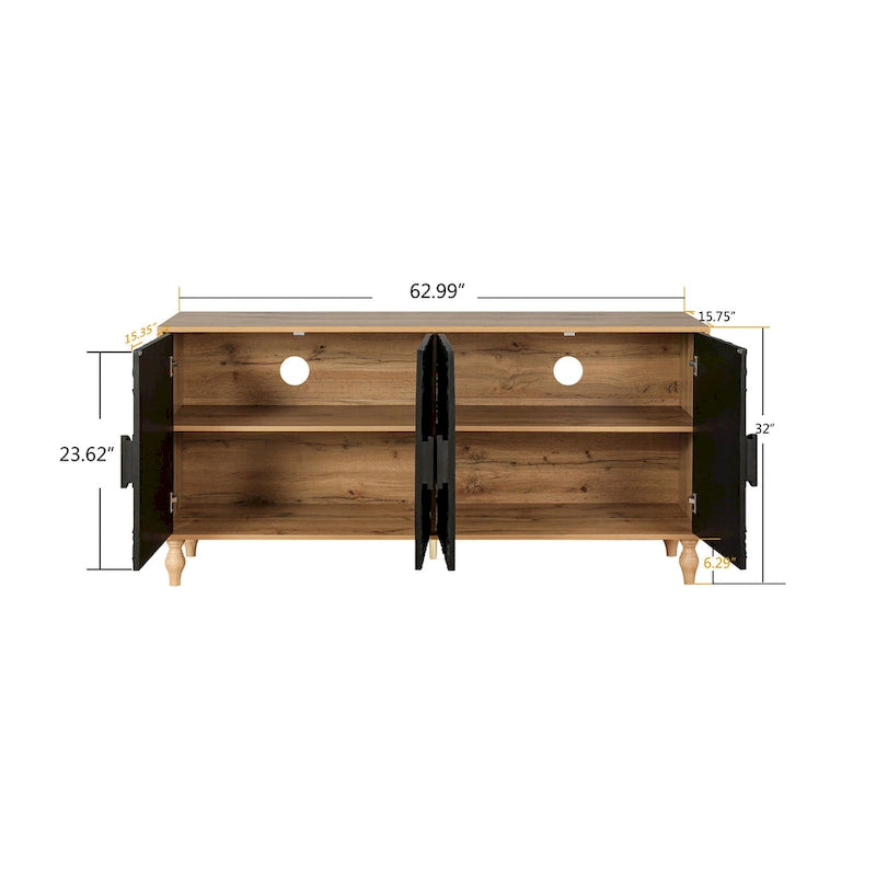 Meuble TV d'appoint 62,99 avec porte à motif sculpté, étagère de rangement et pieds en bois massif pour salon