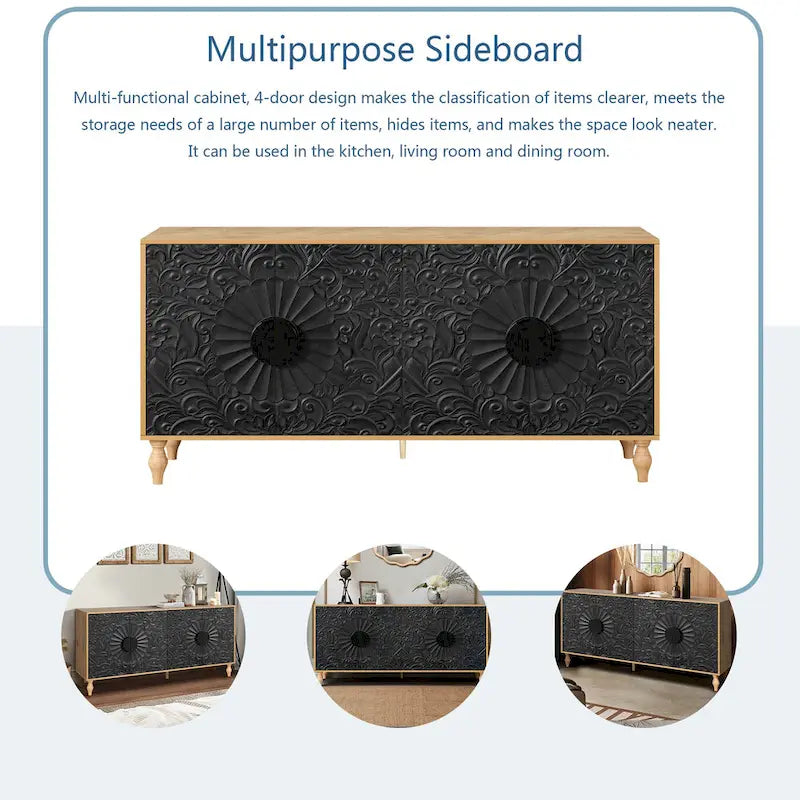 Meuble TV d'appoint 62,99 avec porte à motif sculpté, étagère de rangement et pieds en bois massif pour salon