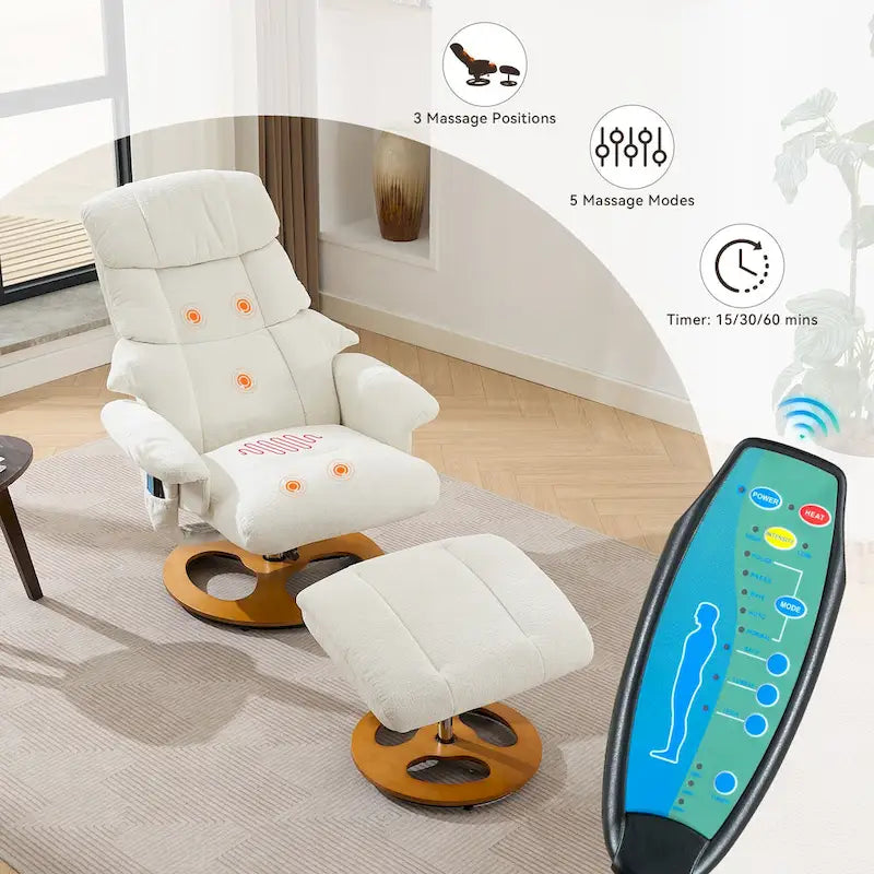 Fauteuil inclinable de massage pivotant 360° en chenille avec ottoman, massage et siège chauffant