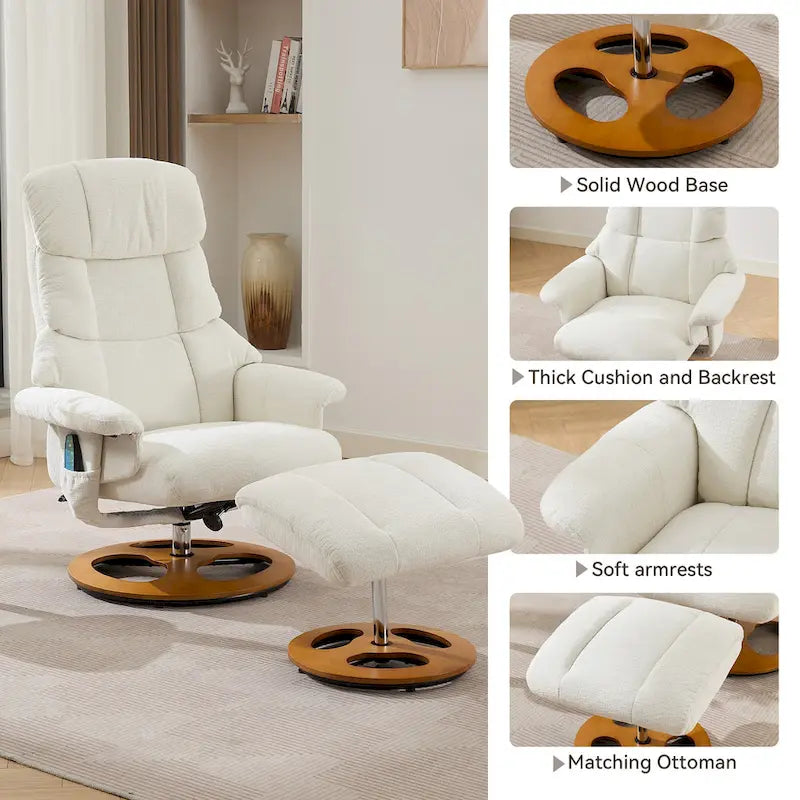 Fauteuil inclinable de massage pivotant 360° en chenille avec ottoman, massage et siège chauffant