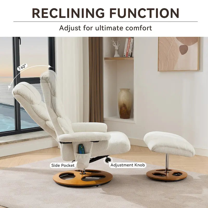 Fauteuil inclinable de massage pivotant 360° en chenille avec ottoman, massage et siège chauffant