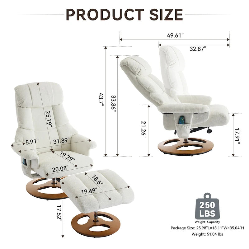 Fauteuil inclinable de massage pivotant 360° en chenille avec ottoman, massage et siège chauffant
