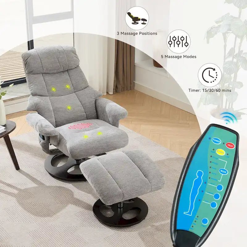 Fauteuil inclinable de massage pivotant 360° en chenille avec ottoman, massage et siège chauffant