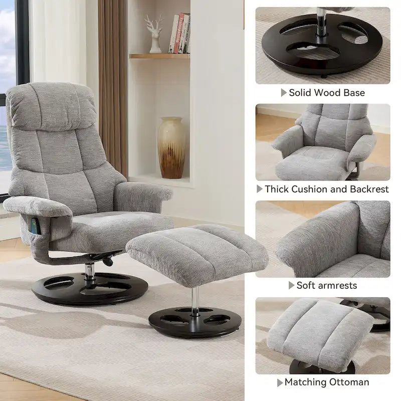 Fauteuil inclinable de massage pivotant 360° en chenille avec ottoman, massage et siège chauffant