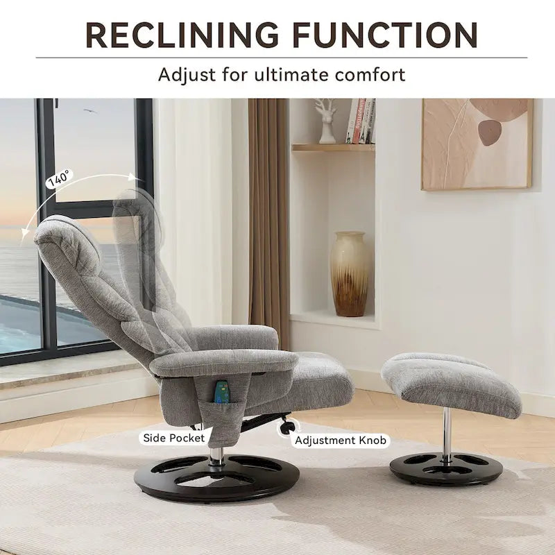 Fauteuil inclinable de massage pivotant 360° en chenille avec ottoman, massage et siège chauffant