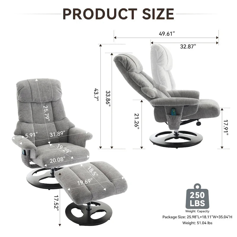 Fauteuil inclinable de massage pivotant 360° en chenille avec ottoman, massage et siège chauffant