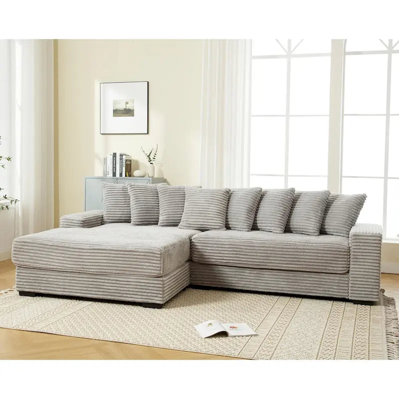 111 Narożna Sofa Sztruksowa w Kształcie Litery L z Lewostronnym Szezlongiem i 8 Poduszkami