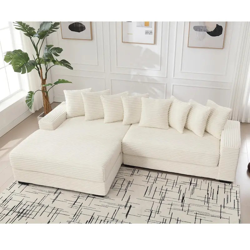 111 Narożna Sofa Sztruksowa w Kształcie Litery L z Lewostronnym Szezlongiem i 8 Poduszkami
