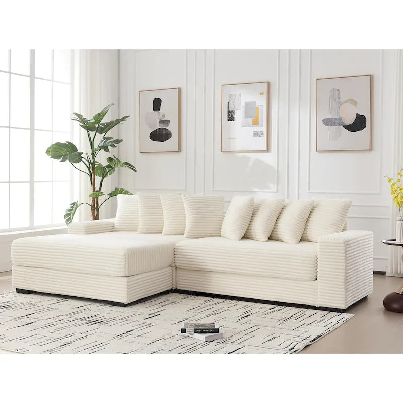 111 Narożna Sofa Sztruksowa w Kształcie Litery L z Lewostronnym Szezlongiem i 8 Poduszkami