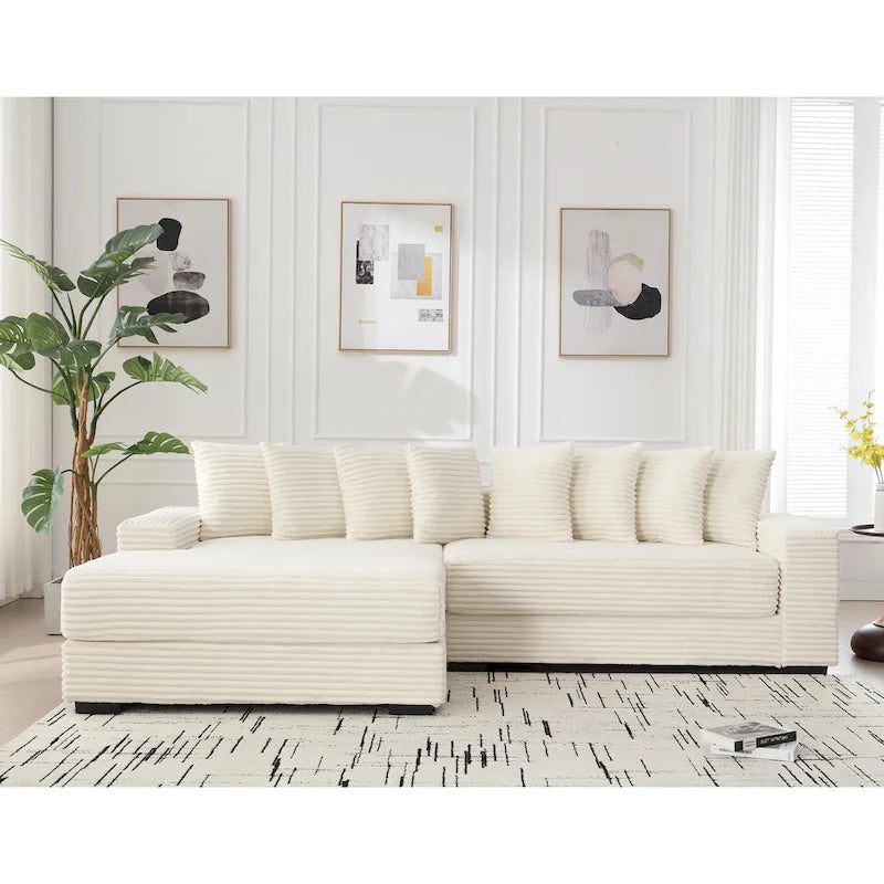 111 Narożna Sofa Sztruksowa w Kształcie Litery L z Lewostronnym Szezlongiem i 8 Poduszkami