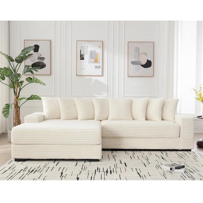 111 Narożna Sofa Sztruksowa w Kształcie Litery L z Lewostronnym Szezlongiem i 8 Poduszkami
