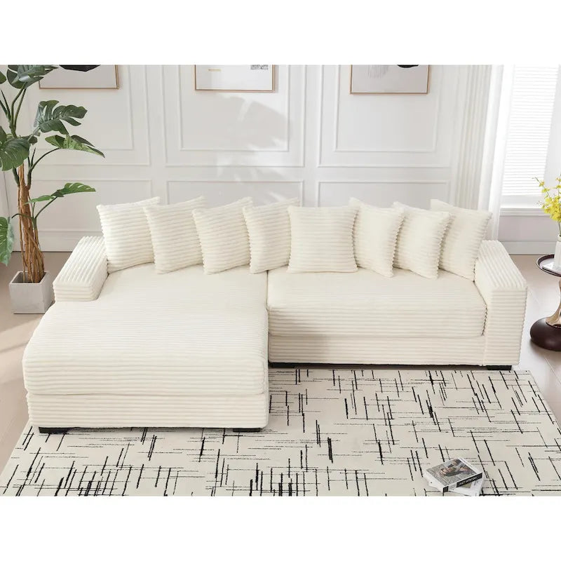 111 Narożna Sofa Sztruksowa w Kształcie Litery L z Lewostronnym Szezlongiem i 8 Poduszkami