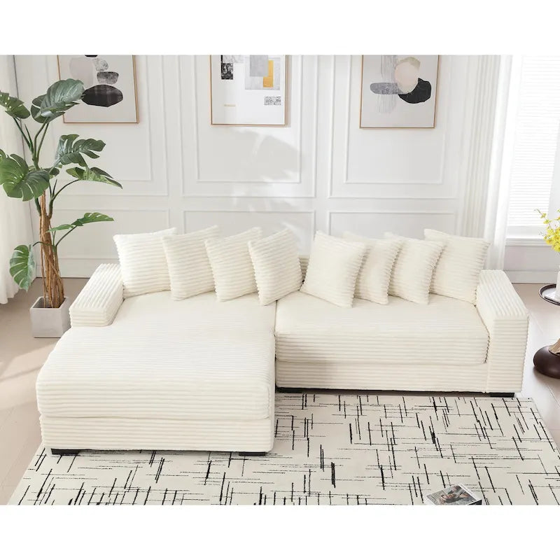 111 Narożna Sofa Sztruksowa w Kształcie Litery L z Lewostronnym Szezlongiem i 8 Poduszkami
