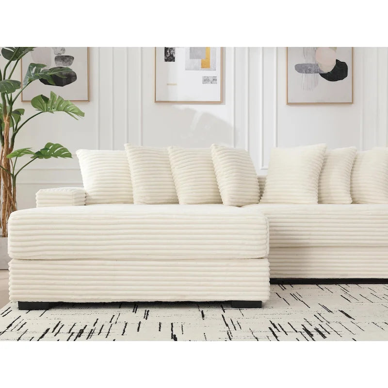 111 Narożna Sofa Sztruksowa w Kształcie Litery L z Lewostronnym Szezlongiem i 8 Poduszkami