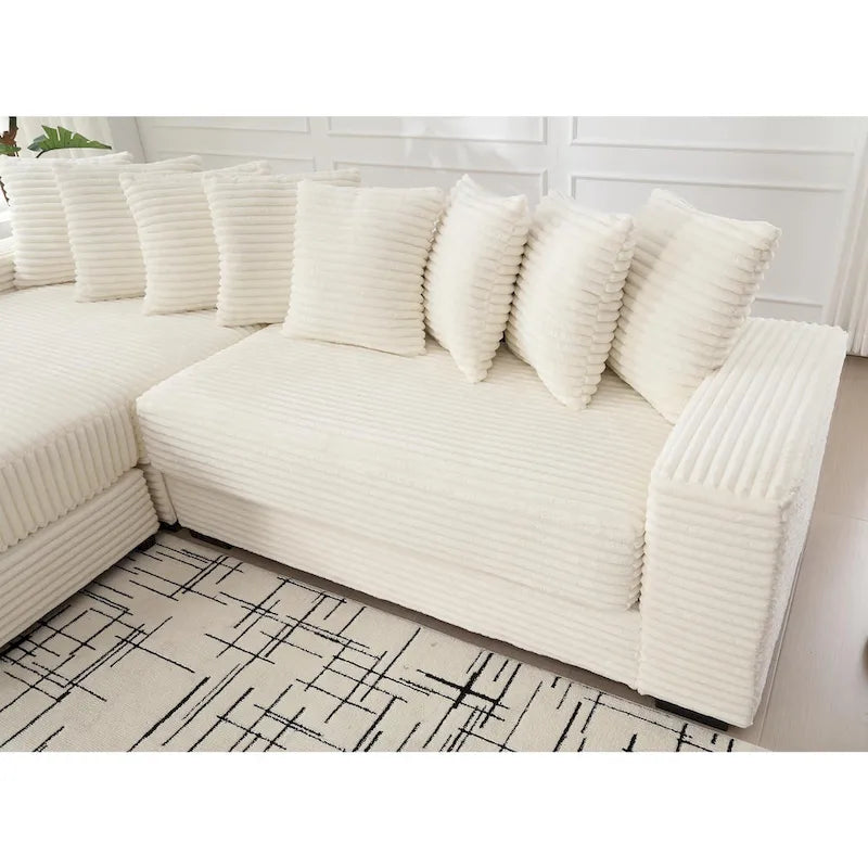 111 Narożna Sofa Sztruksowa w Kształcie Litery L z Lewostronnym Szezlongiem i 8 Poduszkami