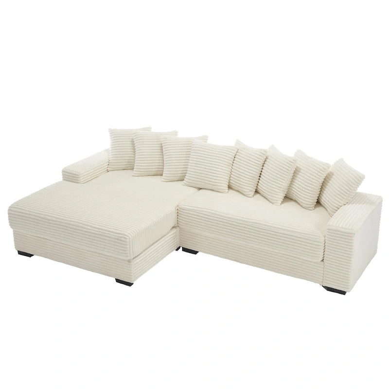 111 Narożna Sofa Sztruksowa w Kształcie Litery L z Lewostronnym Szezlongiem i 8 Poduszkami